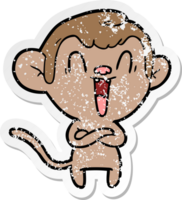 distressed sticker of a cartoon laughing monkey png