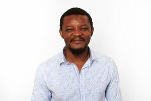 Happy african american black man with small beard in casual bright shirt isolated white background photo