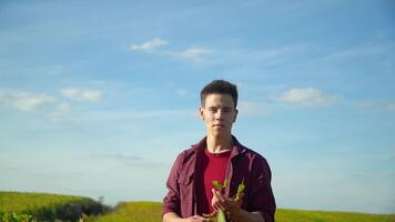 Farmer checking the field soy a background of greenery. Concept ecology, bio product, natural products video