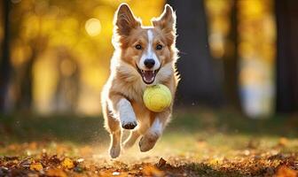 ai generado un juguetón perro persiguiendo un tenis pelota foto