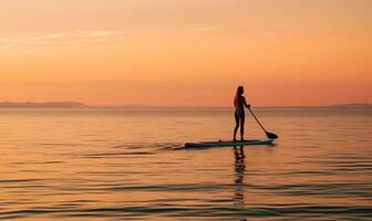 AI generated Photo of a Serene Paddle Boarder Gliding Across the Glistening Waters