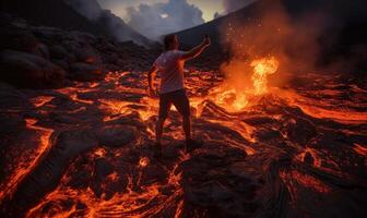 AI generated A Fiery Encounter A Man Standing Boldly Amidst the Blaze photo