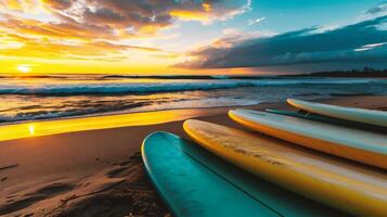 ai generado vistoso tablas de surf en el playa foto