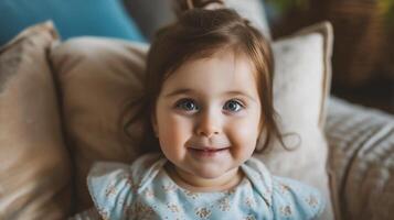 AI generated Cute little girl smiling and looking at camera while lying on sofa at home photo