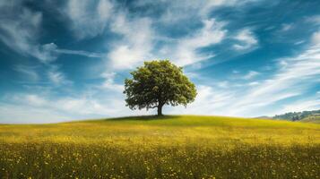 ai generado solitario árbol en un verde prado debajo azul cielo con nubes foto