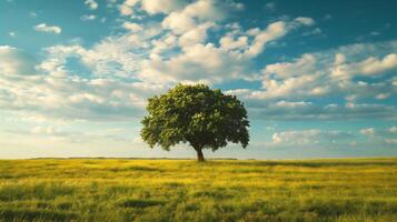 ai generado solitario árbol en un verde prado debajo azul cielo con nubes foto