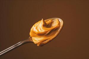 AI generated Creamy peanut butter on a spoon, close-up. photo