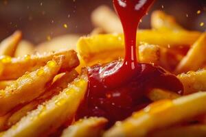 AI generated French fries with ketchup, close up. Selective focus. photo