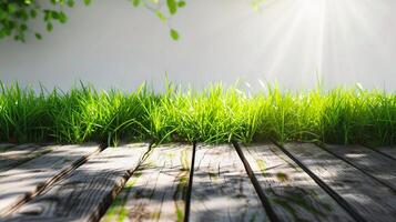 AI generated Wooden floor in the garden with green grass and sunlight background. photo