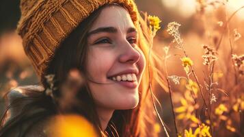 AI generated Portrait of a beautiful girl in a yellow hat in the autumn field. photo