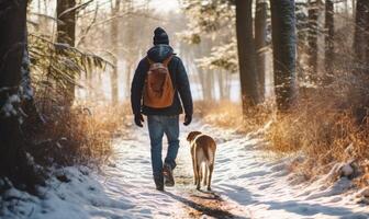AI generated A Winter Adventure Exploring the Snowy Outdoors with Man's Best Friend photo