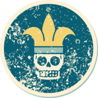 iconic distressed sticker tattoo style image of a skull jester png