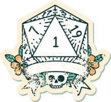 Retro Tattoo Style natural one d20 dice roll png