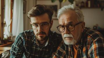 AI generated Portrait of father and son sitting together at home and looking at camera photo