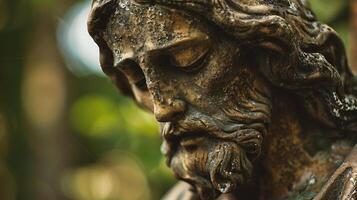 AI generated close up of a statue in a cemetery with shallow depth of field photo