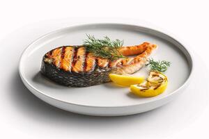 AI generated Grilled salmon steak with lemon and dill on a white plate photo
