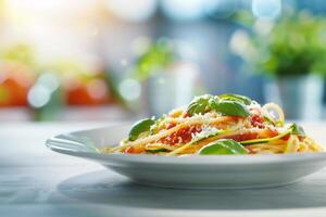 ai generado espaguetis con calabacín y tomate salsa en un blanco plato foto