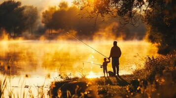 ai generado padre y hijo pescar en el río a puesta de sol. concepto de simpático familia. foto