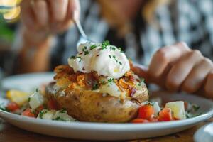 AI generated Baked potato with bacon, eggs and mayonnaise on wooden table photo