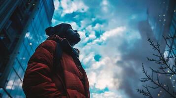 AI generated Man in a red jacket on a background of skyscrapers. photo