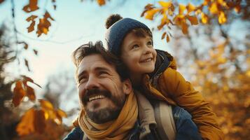 AI generated Happy father and son in autumn park. Smiling dad and son having fun together. photo