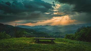 AI generated Sunset in the mountains and a wooden bench. photo