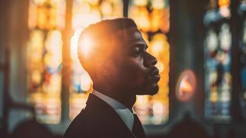 AI generated Young african american man praying in church. Handsome black man in black suit. photo