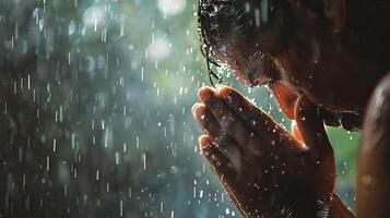 AI generated Young man praying in the rain with his hands clasped in prayer photo