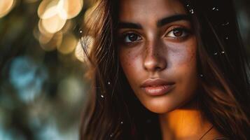 AI generated Close-up portrait of a beautiful young dark-skinned girl with freckles on her face. photo