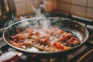 AI generated Frying pan with bacon and onions on the stove in the kitchen photo