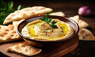 AI generated A Delicious Bowl of Creamy Hummus with Freshly Baked Pita Bread photo