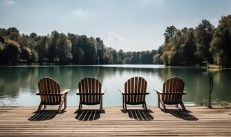 AI generated Three Rustic Wooden Chairs on a Serene Wooden Dock photo