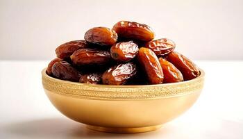 AI generated Dates in a Golden bowl on a white background photo