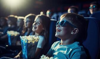 ai generado grupo de personas disfrutando un película poner en pantalla con palomitas de maiz y emoción foto