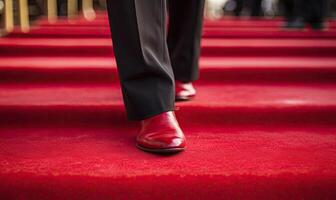 ai generado un negrita declaración rojo Zapatos en rojo alfombra foto