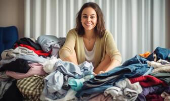 AI generated A Woman in Serene Repose atop a Mountain of Garments photo