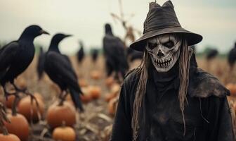 AI generated Photo of a Spooky Halloween Scene With a Costumed Man Surrounded by Pumpkins