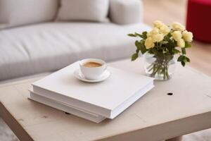 AI generated White book mockup with yellow flowers on table. AI Generated photo