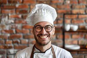 ai generado emocional retrato de contento italiano cocinero en lentes. ai generado foto