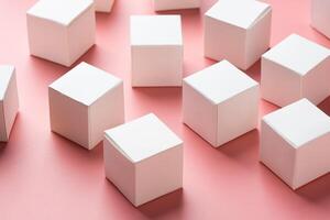 top view of colorful blank paper boxes on pink background. copy space available photo