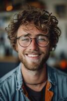AI generated emotional portrait of happy british man in glasses. ai generated photo