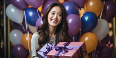 AI generated happy asian birthday woman holding with gift box, balloons in the background. AI Generated photo