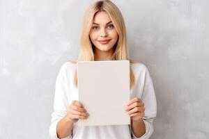 AI generated Woman holding blank magazine on light background. AI Generated photo