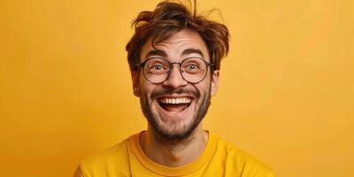 AI generated emotional portrait of happy british man in glasses. ai generated photo