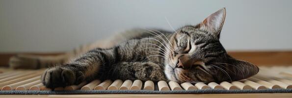 AI generated Cute relaxed cat lying on cool mat in hot day , white wall background, summer heat. ai generated photo