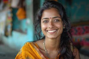 AI generated emotional portrait of happy Indian woman. ai generated photo