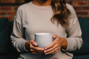 ai generado niña es participación blanco taza en manos. ai generado foto