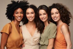 AI generated Group of multiracial females having fun against a brown background. AI Generated photo