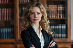 AI generated female lawyer in her cabinet or library. ai generated photo