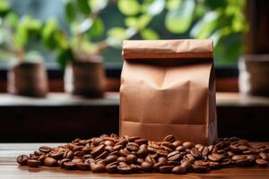 AI generated Blank brown Kraft paper bag with coffee beans on wooden background. AI Generated photo